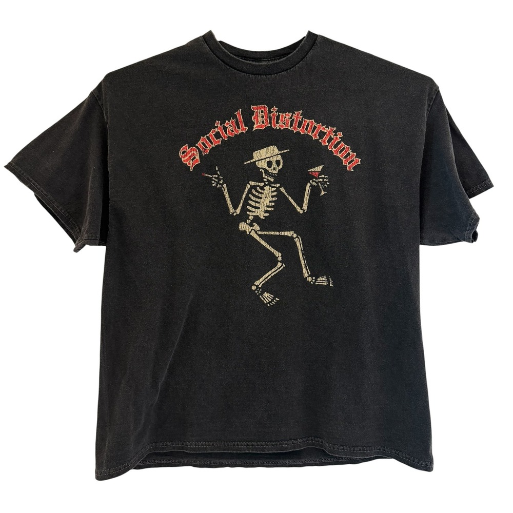Social Distortion Skeleton Tee Shirt Black Kat VTG Faded Black Large Box Fit